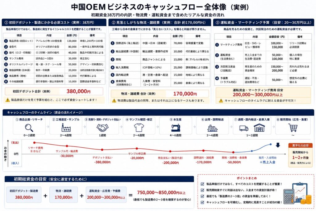 中国OEM初心者向けのキャッシュフロー図解。初期費用38万円、物流費、運転資金、利益化までの流れを解説