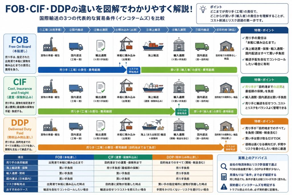 FOB、CIF、DDPの違いを図解で解かりやすく解説