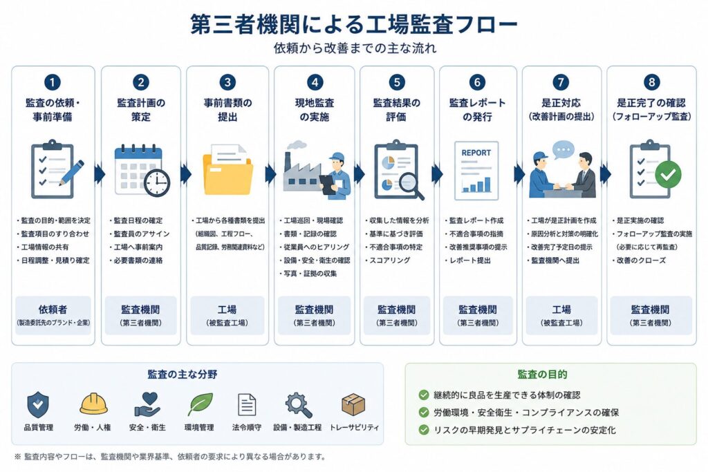 第三者機関による工場監査までのフロー