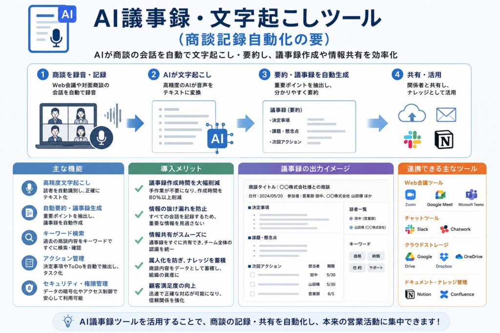 AI議事録・文字起こしツール（商談記録自動化の要）