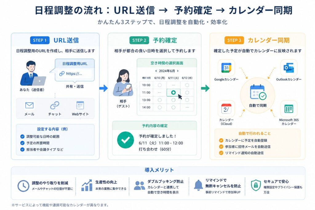 「URL送信→予約確定→カレンダー同期」のフロー図