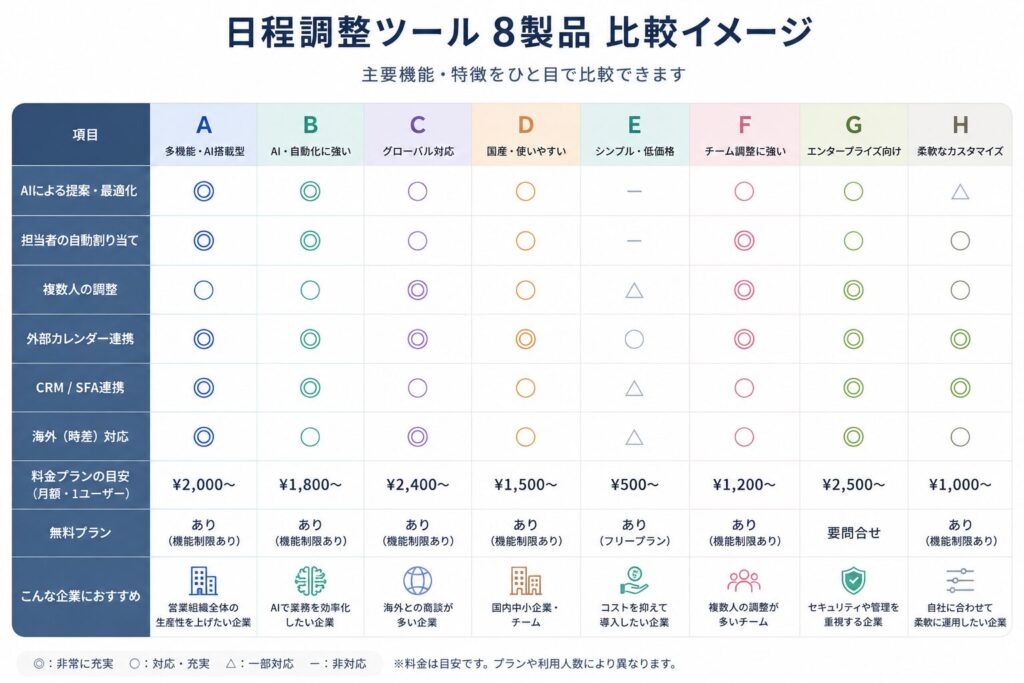 ツール比較イメージ（8製品のロゴなし比較風イラスト）の画像