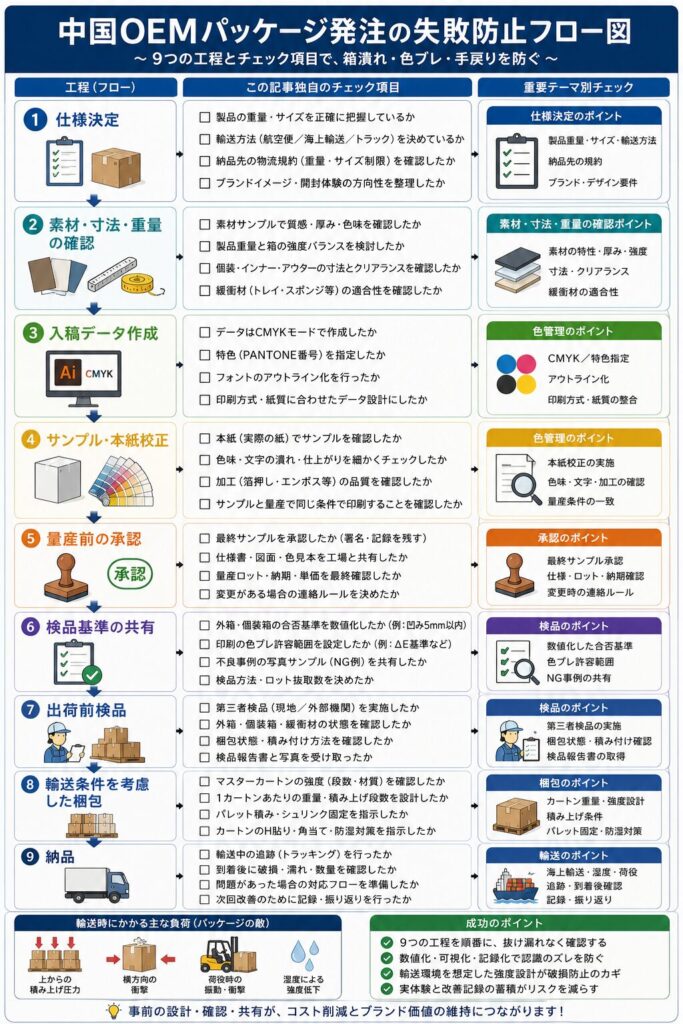 中国OEMパッケージ発注の失敗防止フローの図解