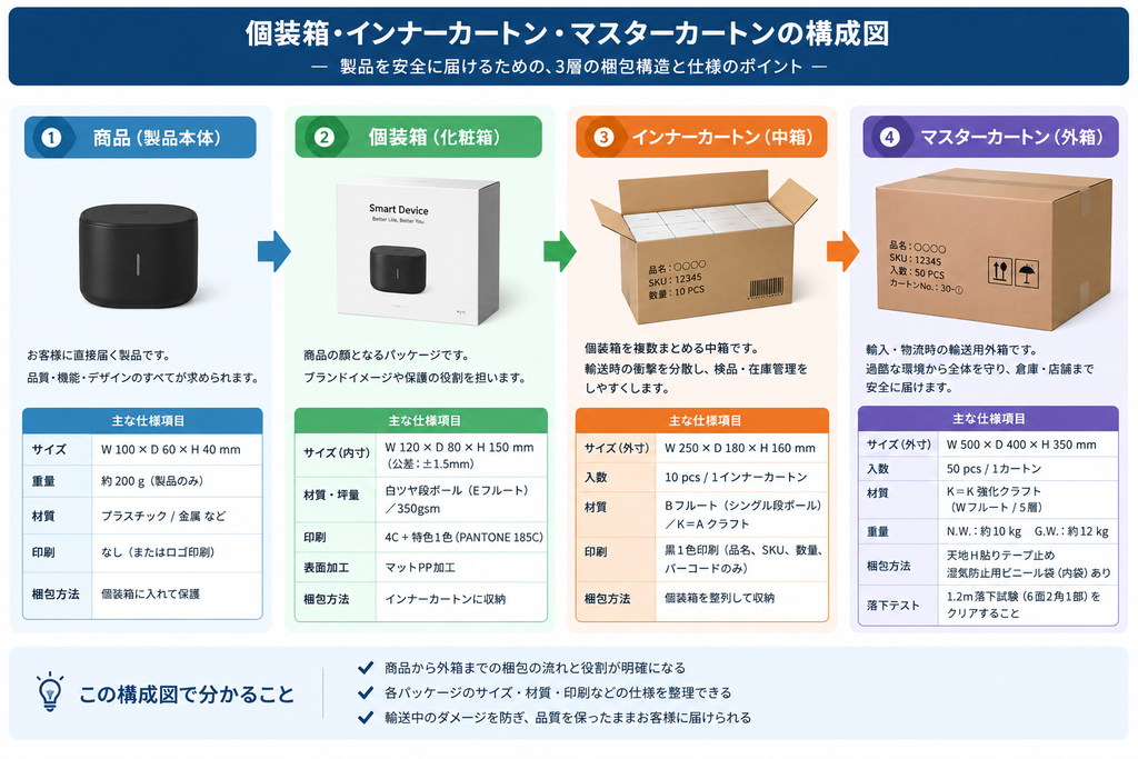 個装箱・インナーカートン・マスターカートンの違いを視覚的に理解させるための図解