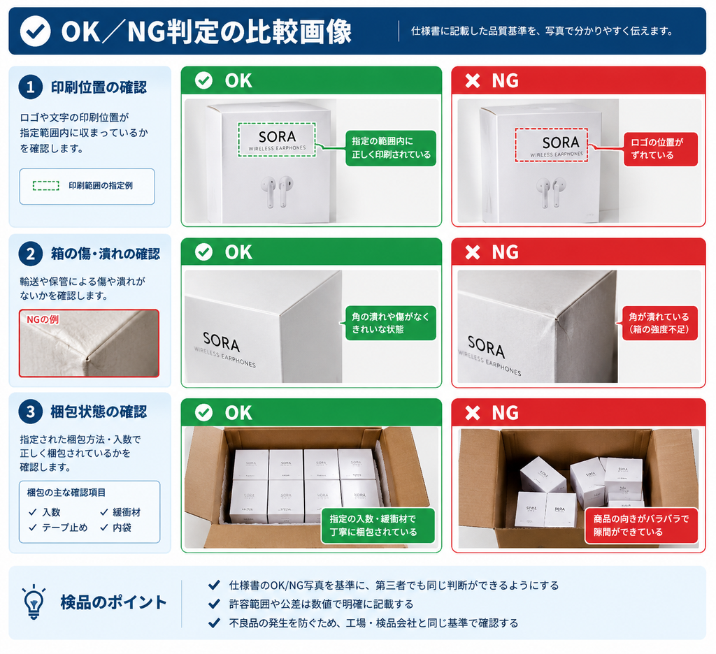 OK/NG基準と梱包方法を明確にする画像